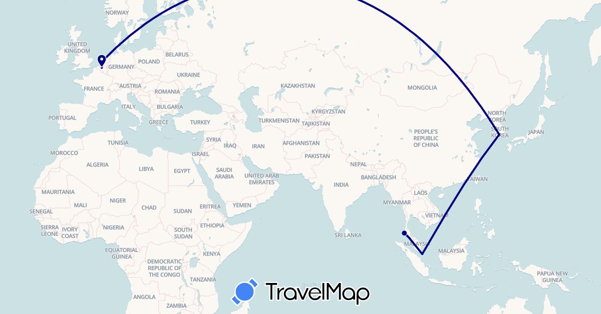 TravelMap itinerary: driving in Belgium, South Korea, Malaysia, Netherlands, Singapore, Thailand (Asia, Europe)